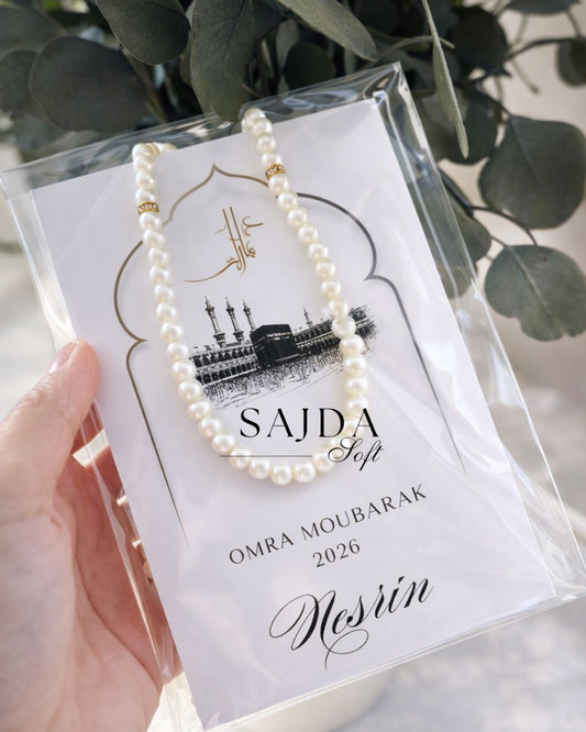 🌙 Cadeau Invités Omra – Carte 10 x 15 cm avec Tasbih Personnalisé